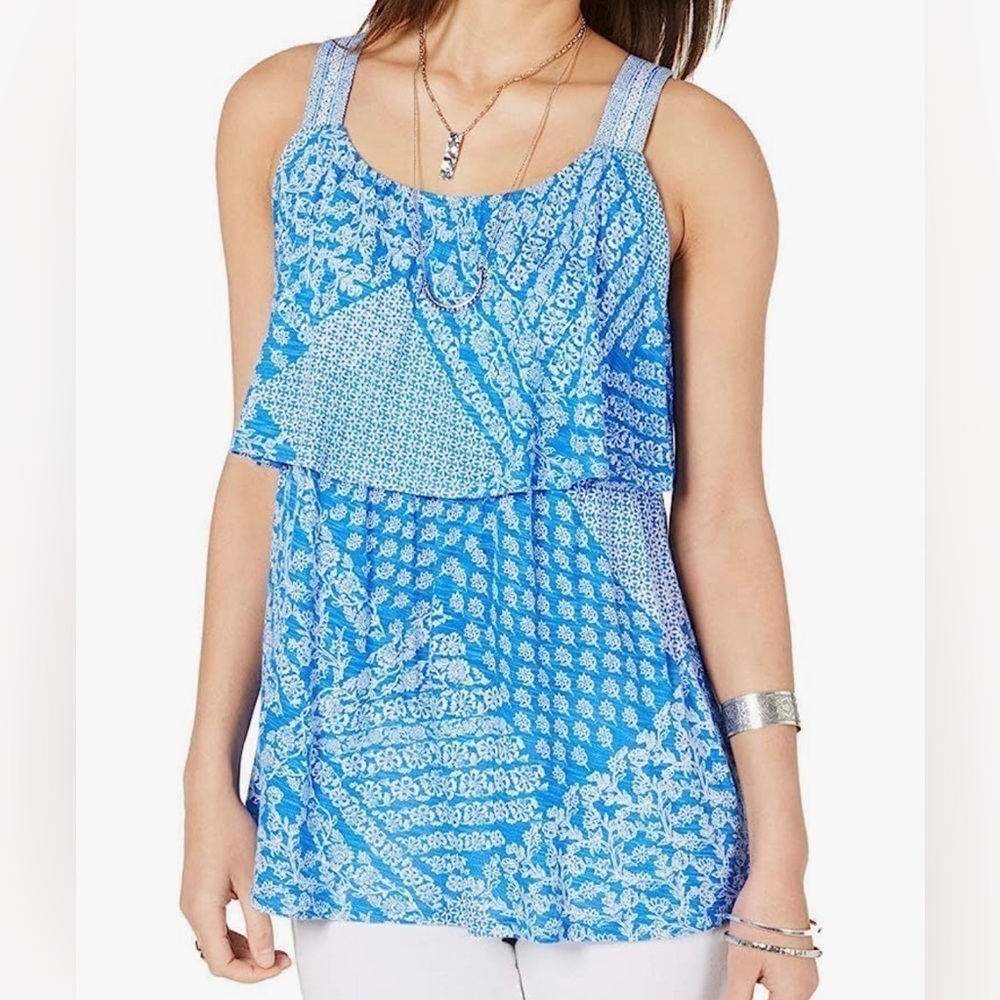 Style & Co Tiered Tank Top Boho Blue Floral Women’s Small S